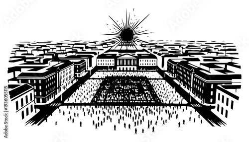 Large crowd of people gathered in a city square under the morning sun rays illustration
