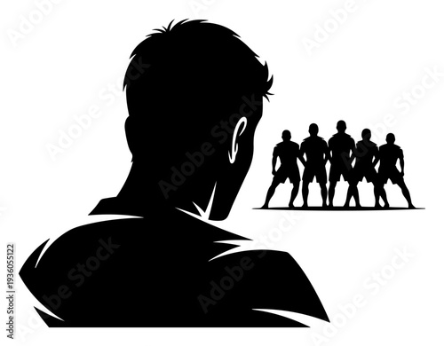 Silhouette of a man looking at a team of players standing in the distance