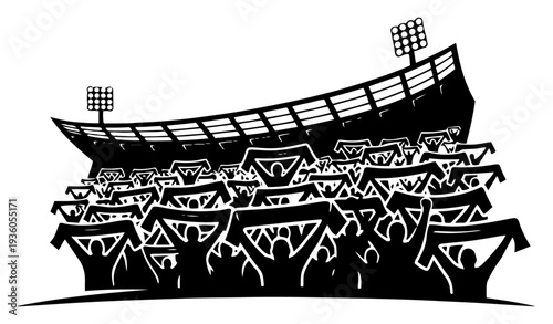 Football fans cheering in a stadium and holding scarves up during a match