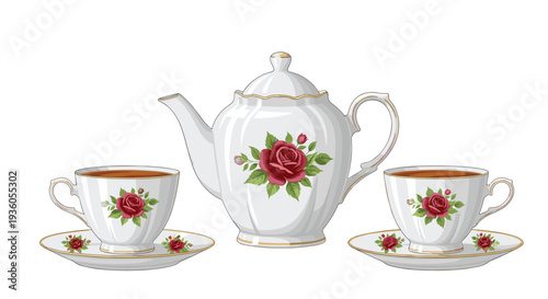 A white porcelain teapot with red rose decals and gold trim is flanked by two matching teacups and saucers on a white background.