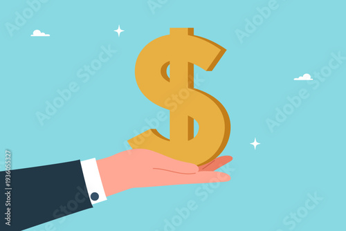 Dollar currency growth concept. Rising income, strong economy, investment profitability, inflation control and economic success. Hand holding large dollar symbol as sign of financial stability.