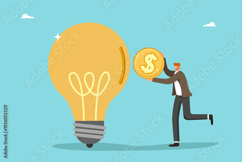 Business investment concept. Funding innovation, startup financing, idea investment, financial growth, savings and smart money strategy. Businessman putting dollar coin into light bulb piggy bank.