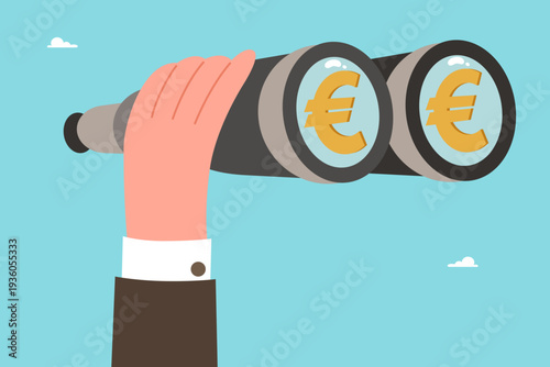 Euro market analysis concept. Financial forecasting, currency monitoring, investment research, economic trends, strategic planning, investment profitability. Hand holding binoculars with euro symbol.