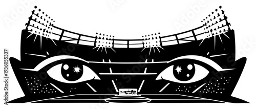 Creative illustration of a soccer stadium with watching eyes integrated into the arena architecture