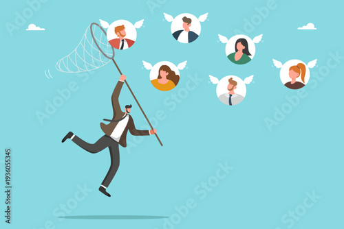 Recruitment concept. Talent acquisition, headhunting, hiring process, workforce selection, HR strategy and team building in corporate environment. Business manager catching employees with a net.
