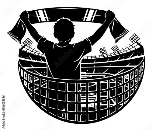 Dedicated soccer fan holding a team scarf inside a stadium arena globe symbol