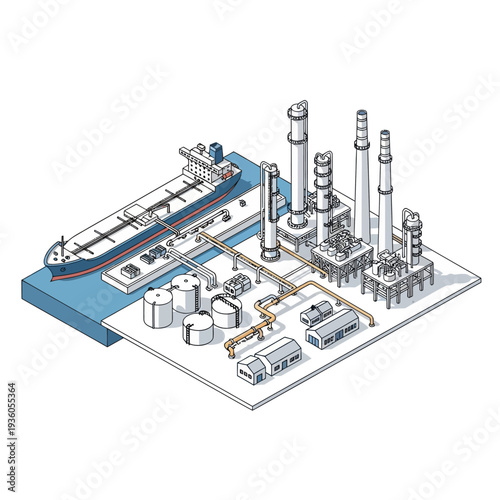 Oil Refinery and Tanker Ship Industrial Complex Illustration.