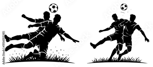 Silhouette of professional soccer players competing for the ball and heading during a match