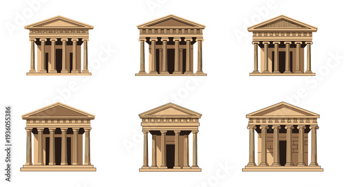Six isometric illustrations of ancient Greek temples with columns and pediments are arranged in two rows on a white background.