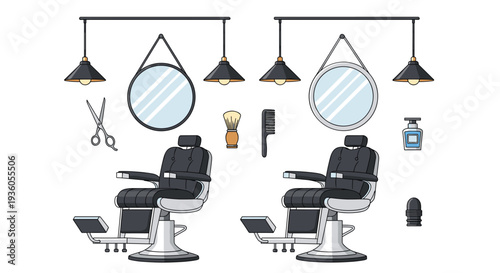 Two identical black leather barber chairs are symmetrically arranged with round mirrors, hanging lamps, and various grooming accessories.