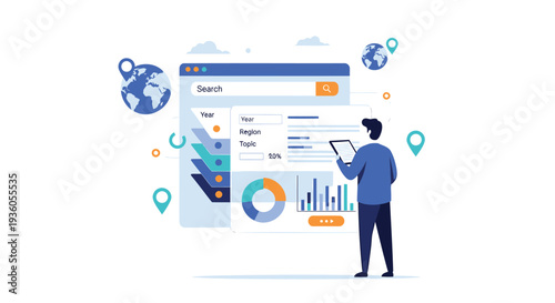 Vector illustration of a man analyzing data on a tablet with infographics
