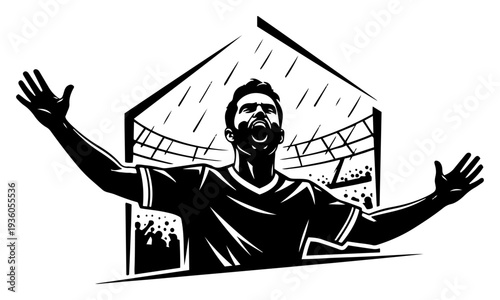 Passionate soccer player celebrating a goal with arms wide open in a stadium background