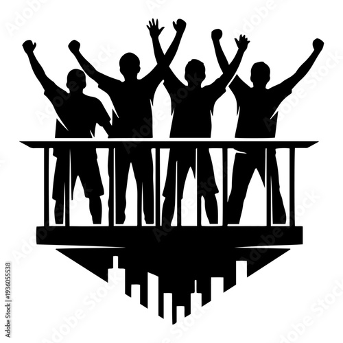 Group of enthusiastic soccer fans cheering for their team from a stadium balcony