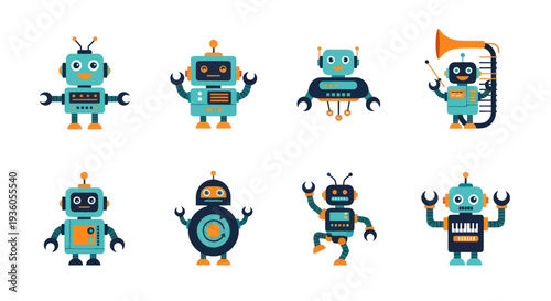 Cartoon robots collection isolated on white