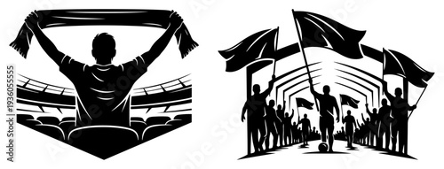 Collection of soccer supporters with flags and scarves celebrating in the stadium arena