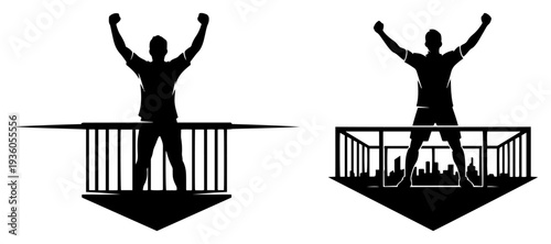 Soccer fan silhouettes celebrating a victory on a balcony overlooking the city stadium