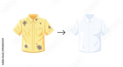 A heavily stained yellow short-sleeved shirt is transformed into a clean, pristine white shirt, illustrating a before-and-after cleaning process.