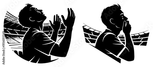 Emotional soccer fan praying and shouting for his team victory at the stadium