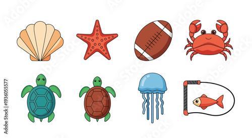 Cartoon sea creatures and objects