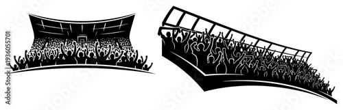 Black and white illustration of crowded soccer stadium stands with cheering fans