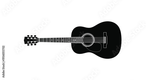 A stark black silhouette of an acoustic guitar is horizontally oriented, with its strings and soundhole subtly outlined in white.