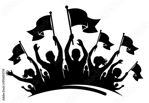 Silhouettes of enthusiastic soccer supporters waving flags during a football match