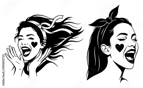 Two female soccer fans with heart face paint shouting and cheering for their team