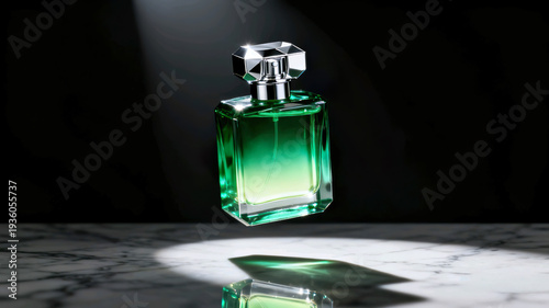 Wallpaper Mural Luxury green glass perfume bottle floating on marble surface with dramatic spotlight Torontodigital.ca