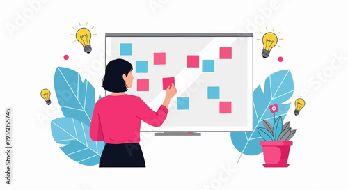 Woman brainstorming ideas on a presentation screen surrounded by lightbulbs and plants in a creative workspace