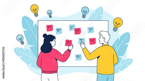 Two individuals collaborating on a project, standing in front of a whiteboard filled with notes and ideas, surrounded by lightbulbs symbolizing creativity and innovation.