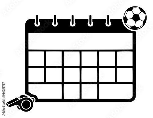 Soccer match schedule calendar icon with a ball and referee whistle for planning