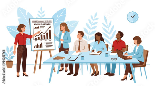 Business professionals engaged in a meeting around a table with a presentation on an easel discussing graphs and charts