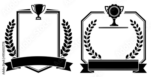 Soccer tournament winner frames with trophies and laurel wreaths for sports events