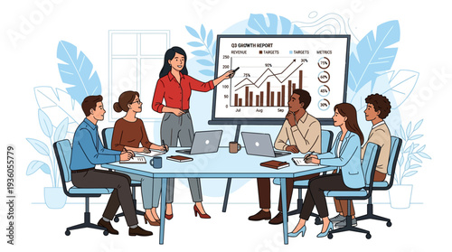 Diverse team discussing business strategy around a table with a woman presenting data on a screen in a modern office environment from a slight overhead view