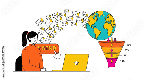 Woman analyzing global email marketing campaign statistics on laptop with conversion funnel