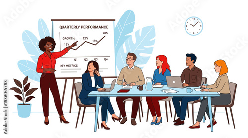 Quadro em tela Business team gathered around a table for a quarterly performance review meeting