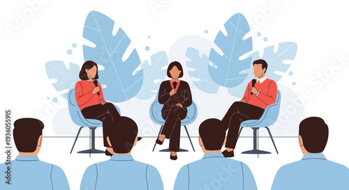 Panel discussion with three speakers seated in chairs, addressing an audience in a modern setting from a frontal viewpoint