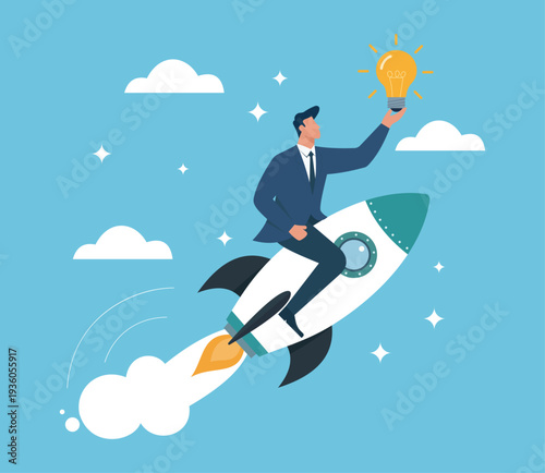 Businessman Riding Rocket With Idea Lightbulb Concept Illustration, Innovation, startup launch, business growth, creative leadership, career acceleration