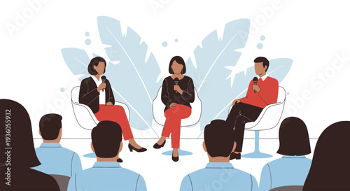 Three professionals engaged in a discussion on stage with an audience seated in front of them.