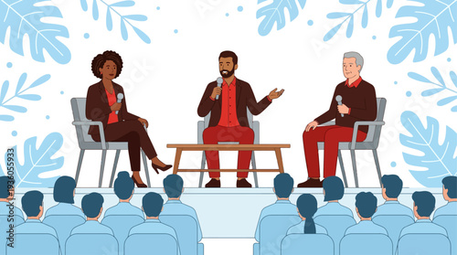 Three people engaged in a discussion on stage in front of an audience in a conference setting