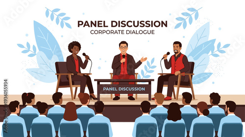 Corporate panel discussion on stage with audience seated in front