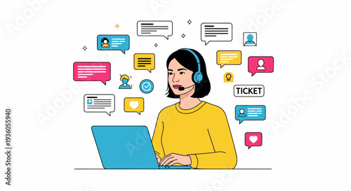 Woman working on laptop with headset surrounded by social media icons and chat bubbles in a digital communication environment