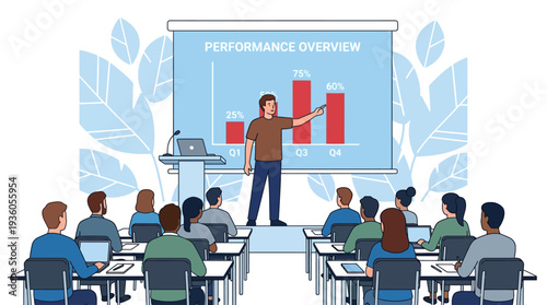 A man presenting a performance overview to a group of students in a classroom setting with a projector screen