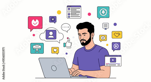 Man working on laptop surrounded by social media icons and symbols in a modern workspace environment from a frontal viewpoint