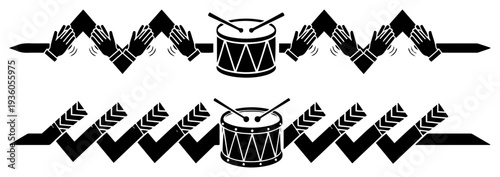 Decorative soccer fan banner featuring clapping hands and drums for cheering