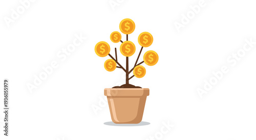 A stylized money tree with golden coin-shaped leaves, each bearing a dollar sign, grows from a light brown pot against a pristine white background.