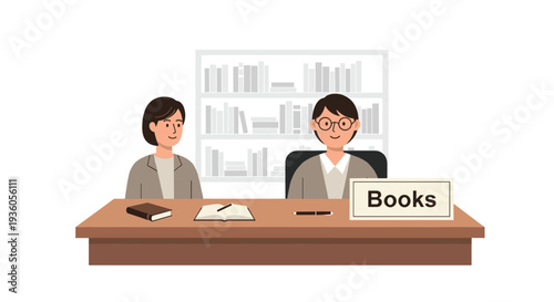 Two women, one with glasses, are seated at a brown wooden desk with books and a Books sign, positioned in front of a white bookshelf filled with numerous volumes.