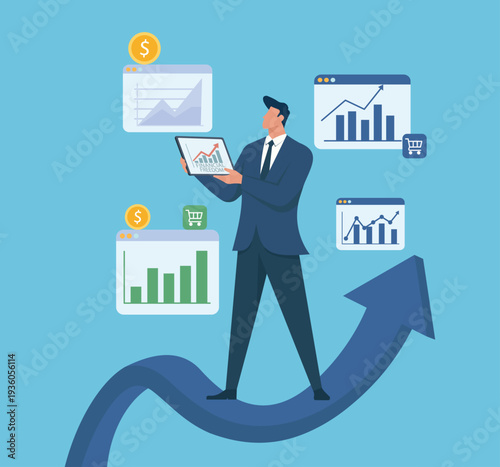 Businessman Standing On Growing Arrow Analyzing Financial Freedom Data, Investment growth and market analysis, Digital marketing and sales performance tracking