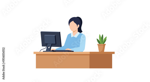 A woman with dark hair in a ponytail, wearing a blue top, is seated at a brown wooden desk, typing on a computer, with a potted plant beside her against a white background.