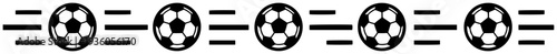 Horizontal repeating pattern of soccer balls with dynamic motion lines on a white background
